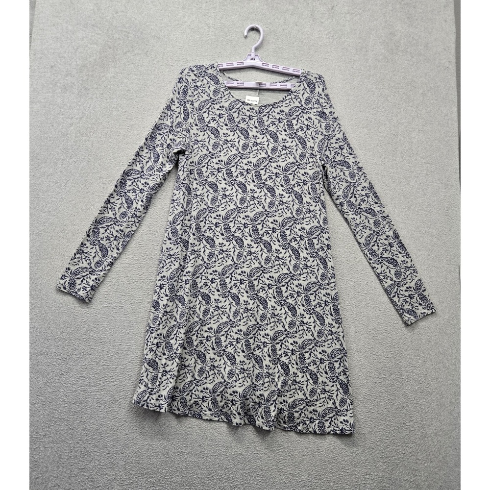 Old Navy Women Dress L Gray Leaf Print Knee Length Shift Long Sleeve Casual